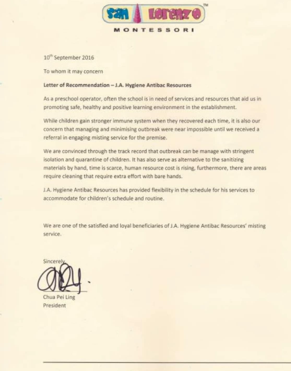 2016 San Lorenzo Montessori recommendation letter
