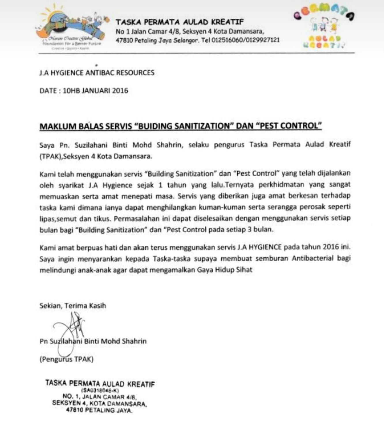 2016 Taska Permata Aulad Kreatif recommendation letter