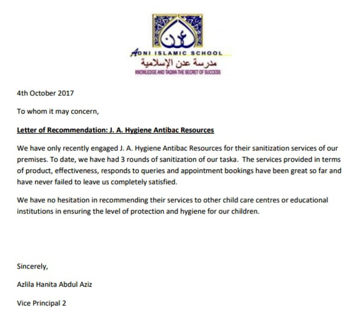 2017 Adni Islamic School recommendation letter