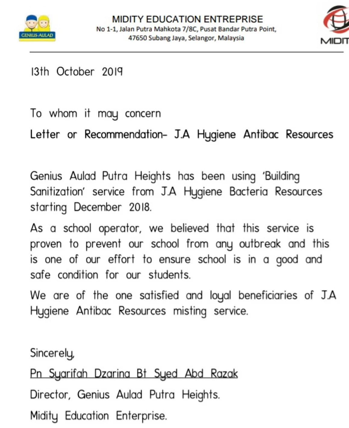 2019 Genius Aulad Putra Heights recommendation letter