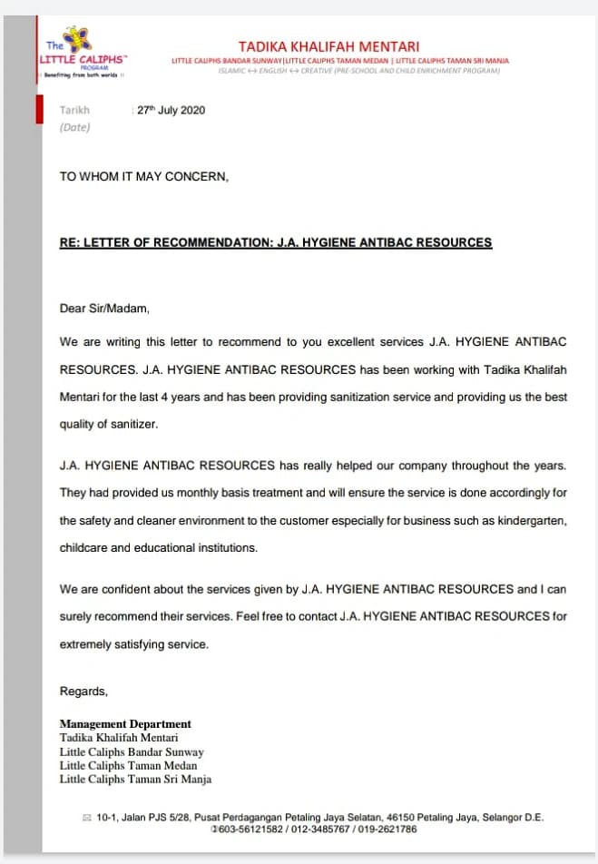2020 Tadika Khalifah Mentari and Little Caliphs recommendation letter